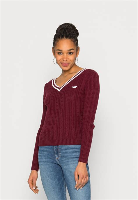 Women PULLOVER | Hollister Co. ICON CABLE V NECK - Jumper - zinfandel/white tipping/dark red - YD44211 Hollister Co. zinfandel/white tipping H0421I047-G11 0 en-GB